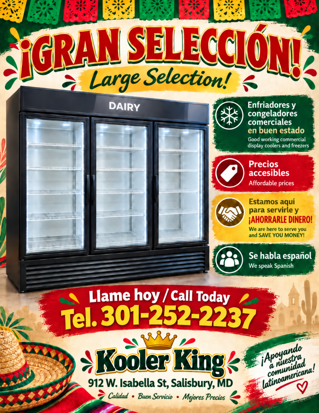Kooler King bilingual flyer — large selection of commercial coolers and freezers, Salisbury MD, 301-252-2237